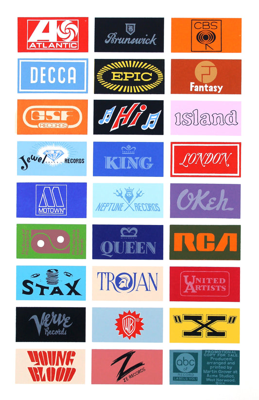 'A-Z Record Labels Vol1. Limited Edition Hand Painted Screen Print by Artist Martin Grover.